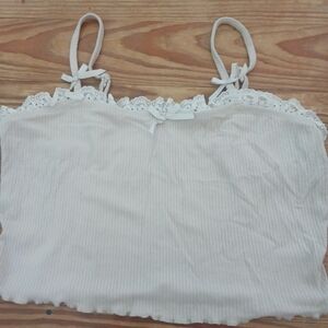 Lace Trim Bow Detail Ribbed Tank Top Size L